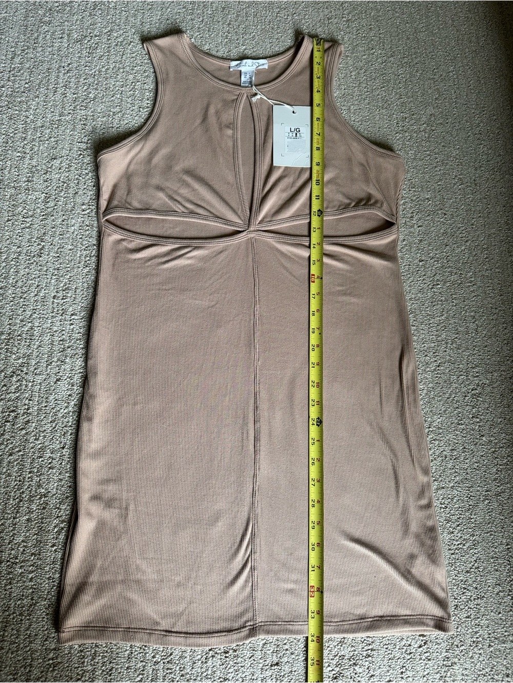 Sleeveless Midi Bodycon Dress  Open Slits on Chest Beige Sz L Neutral Date night
